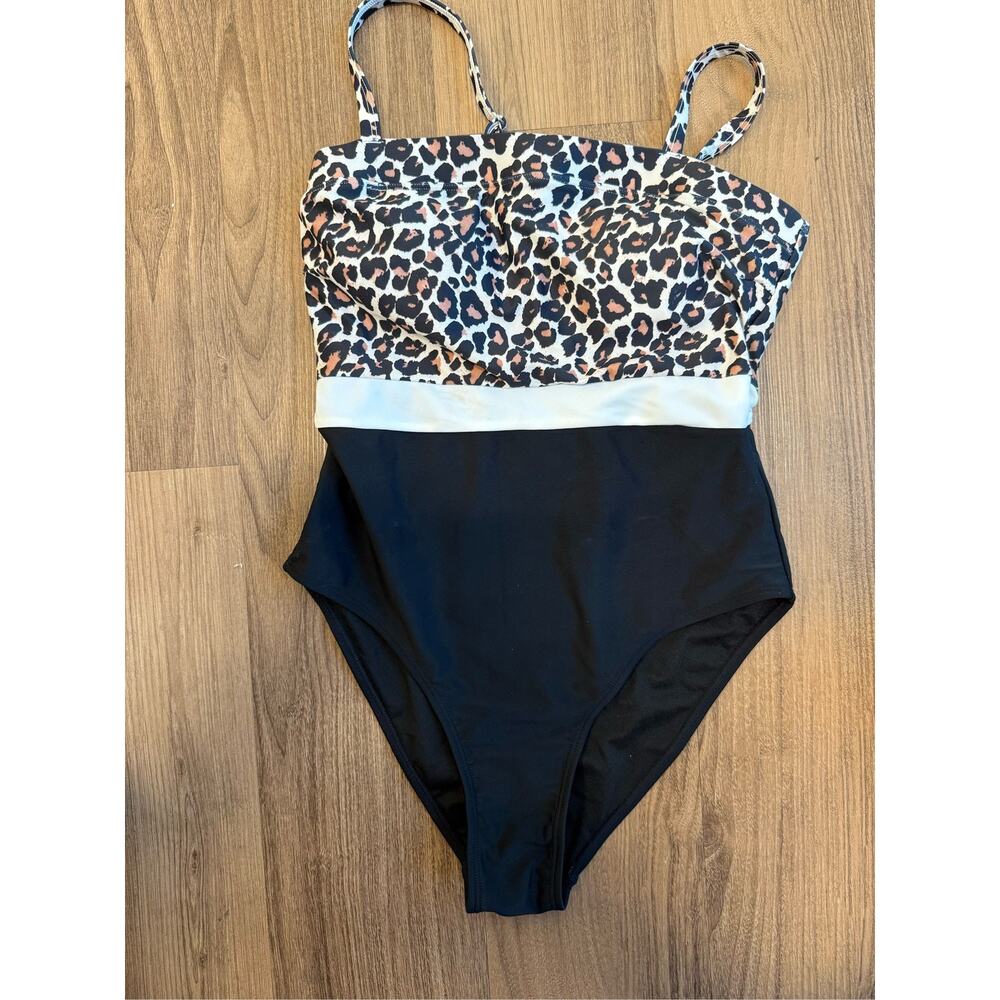 Womens Leopard Print Colorblock One Piece Swimsuit Black Bathing Suit Size S